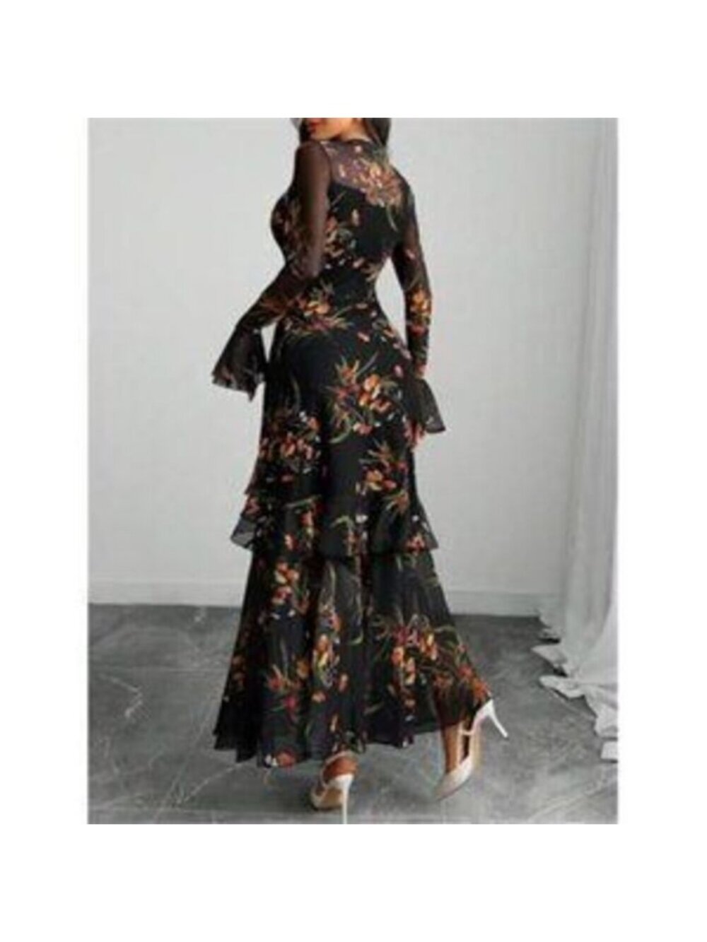 Women's Floral Maxi Dress Sheer Mesh Bell Sleeve Tiered Ruffle Gothic Long Dress - Picture 3 of 5